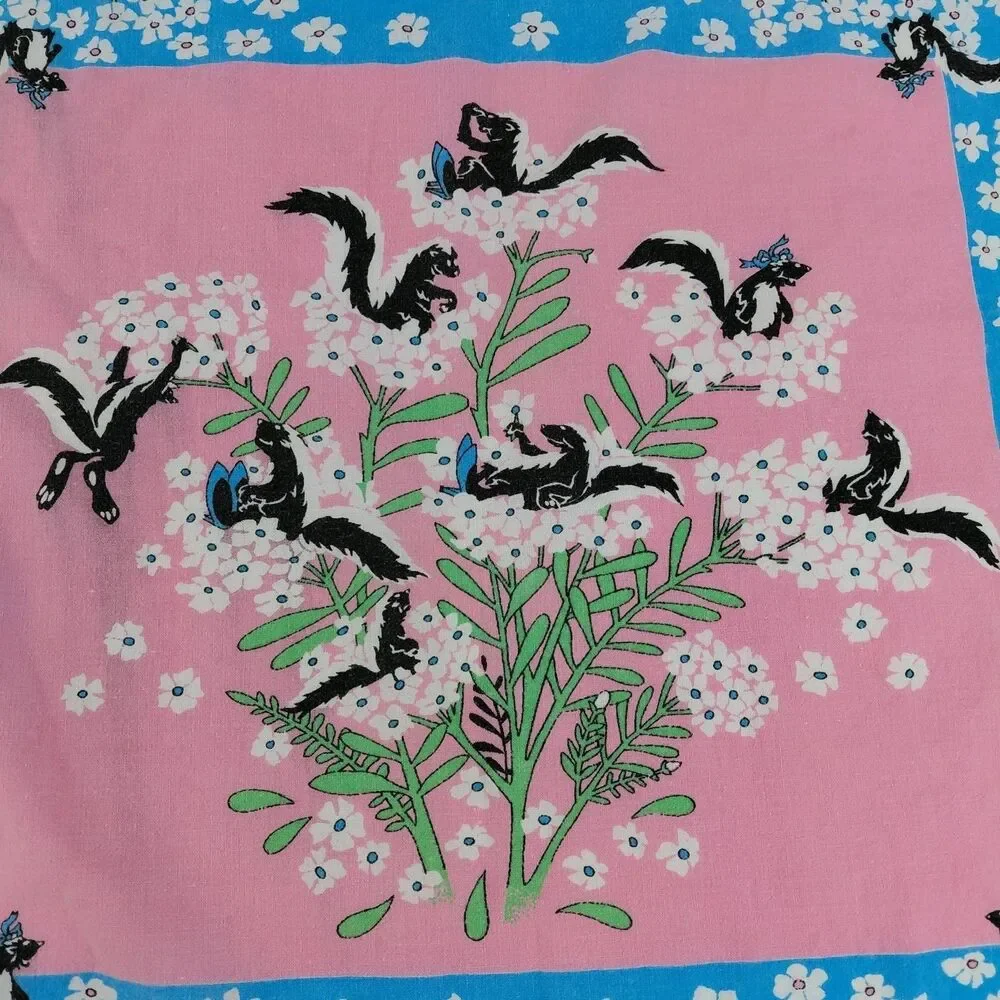 VTG Tablecloth 1960s Kitschy Skunk Dog Cotton Dogwood Stinkweed Pastel Unique